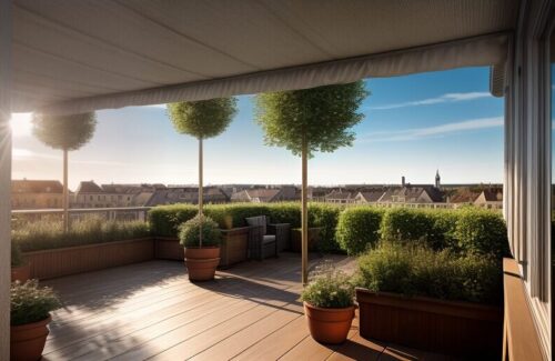 Terrasse mit Ausblick auf eine Stadt mit vielen Büschen und Hecken